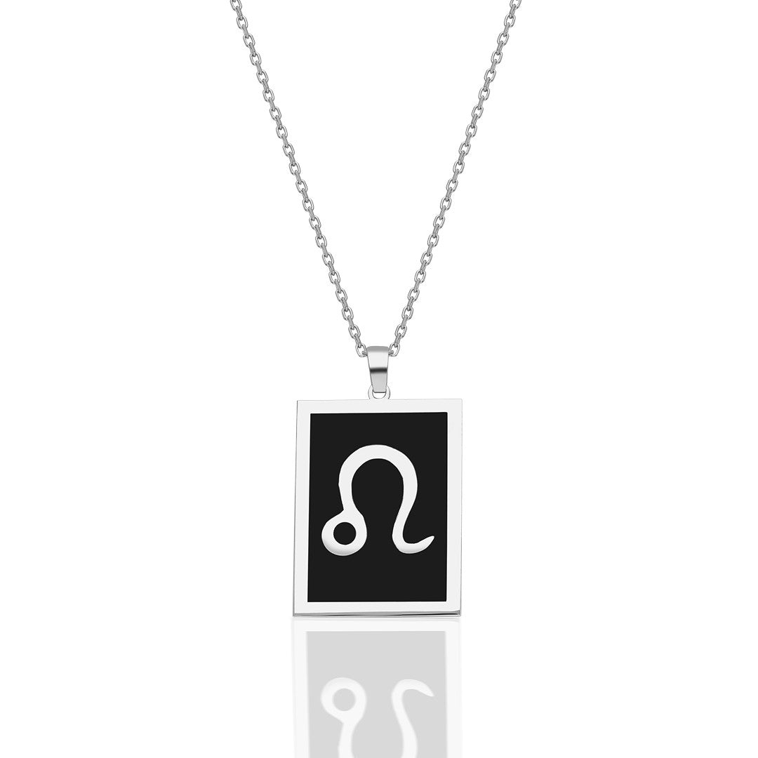 Black Rectangular Leo Zodiac Necklace - 925 SILVER