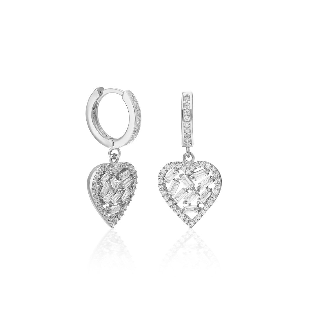 Large Heart Earrings with Baguette Stones - 925 Silver