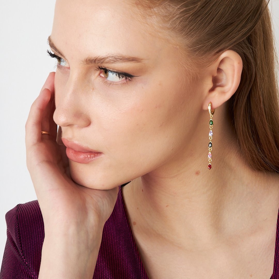 Colorful Stone Dangling Earrings - 925 SILVER