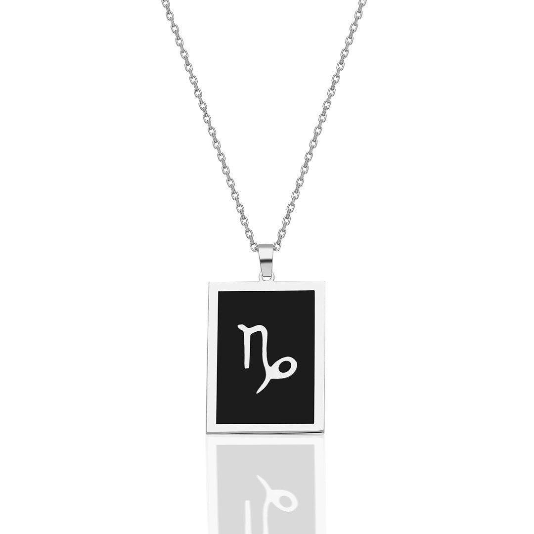 Black Rectangle Capricorn Necklace - 925 SILVER