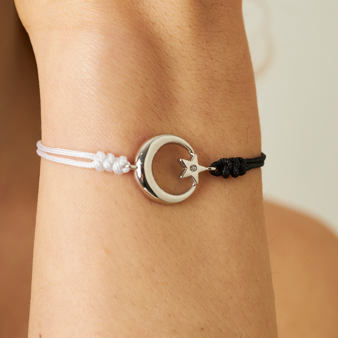 Crescent Star Black and White Rope Bracelet - 925 SILVER