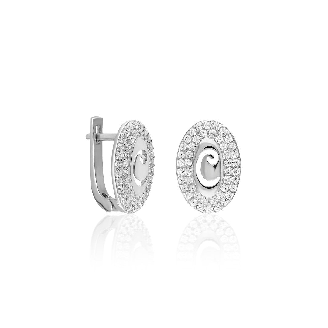 Oval Earrings with Two Rows of Stones - 925 SILVER