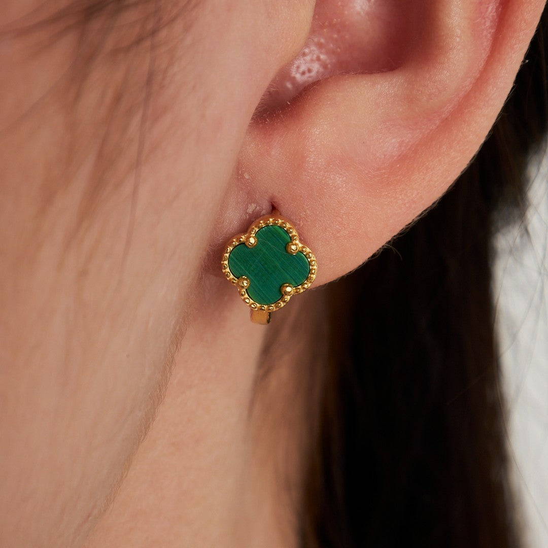 Green Stone Clover Leaf Earrings - 925 SILVER