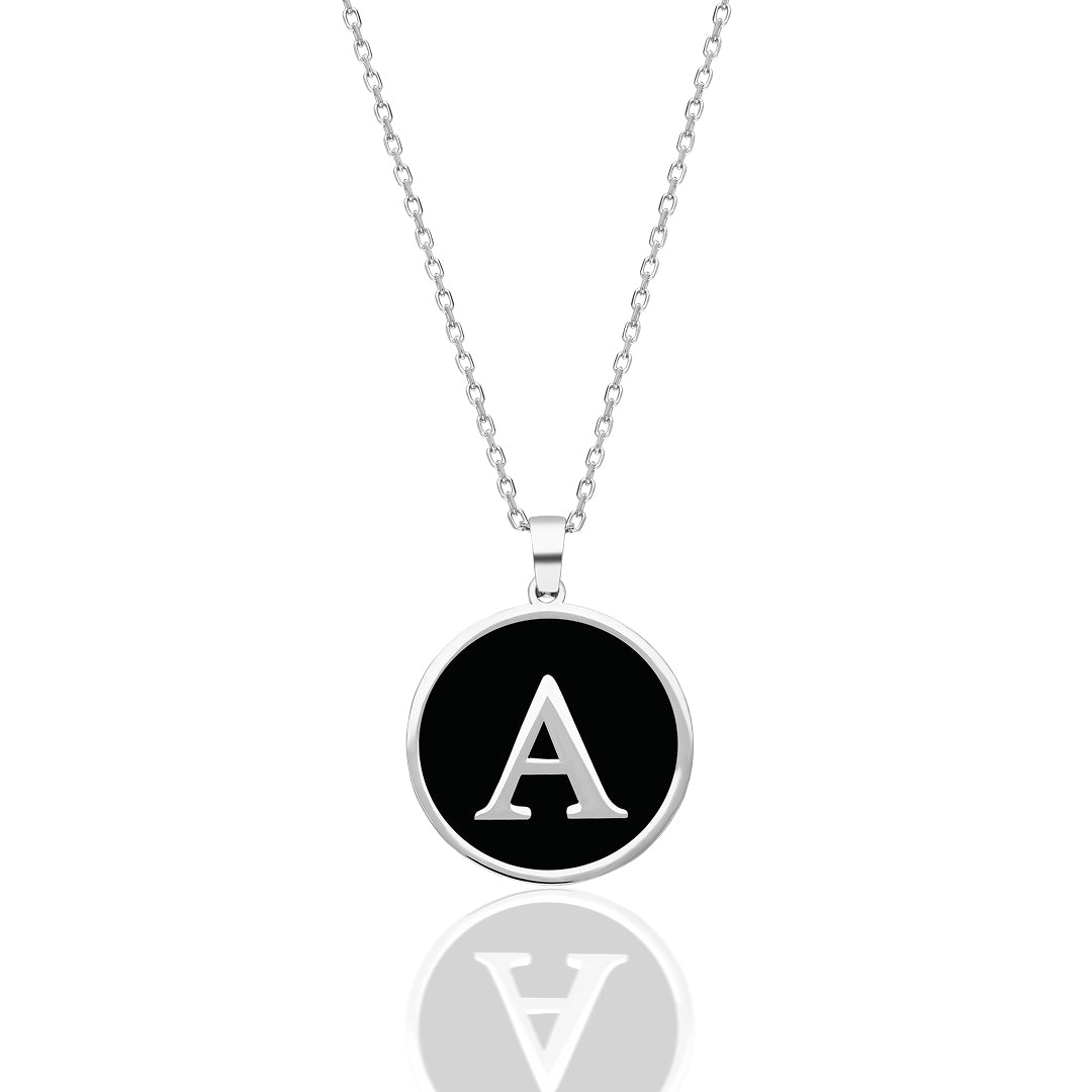 Black Enamel Oval Letter Necklace - 925 SILVER