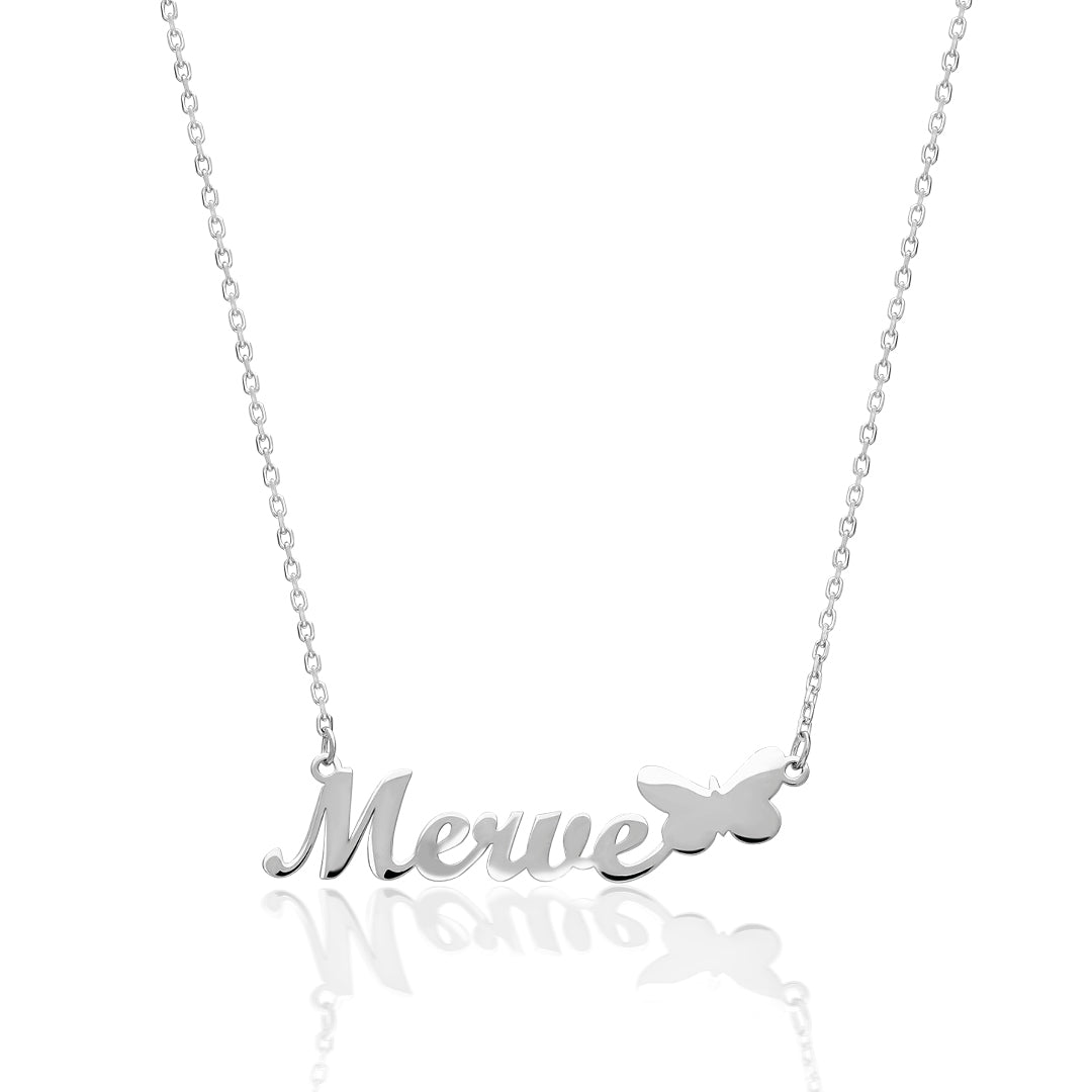Horizontal Name Necklace with Butterfly Figure - 925 Silver