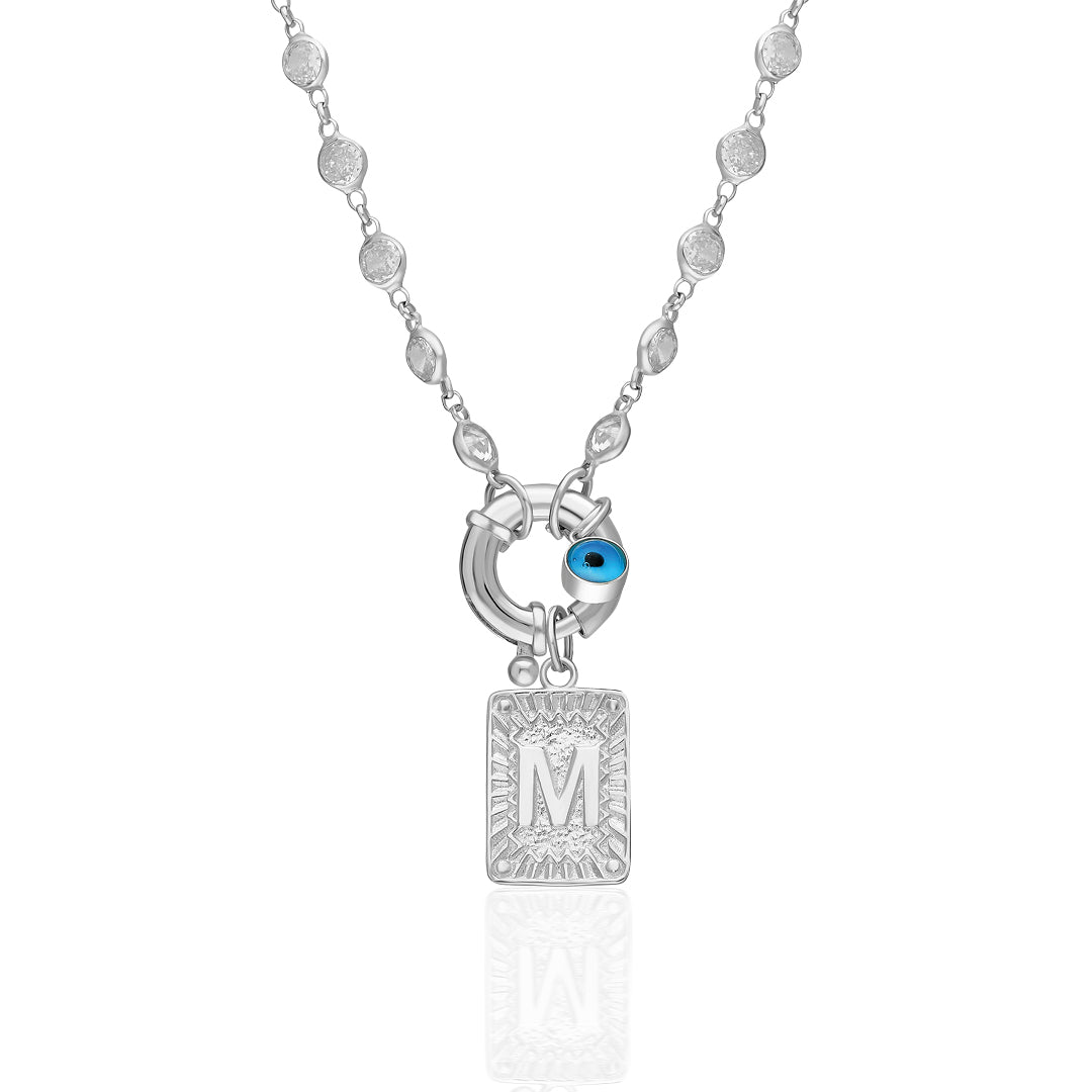 Iced Letter Necklace with Evil Eye Stone - 925 SILVER
