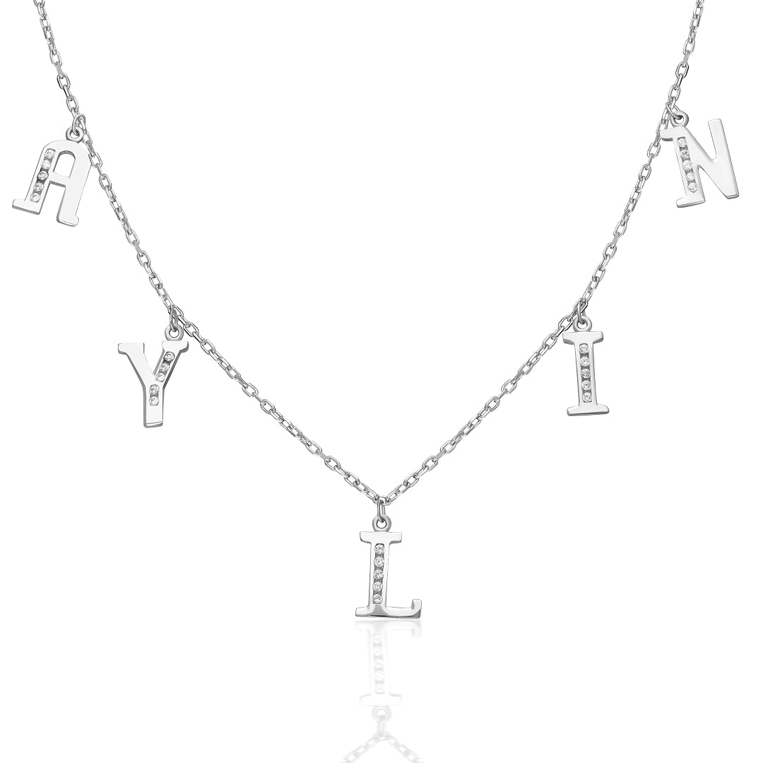 Half Stone Necklace Name Necklace with Letters - 925 Silver