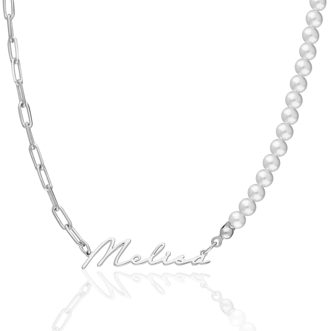 Half Pearl Handwritten Necklace - 925 Silver
