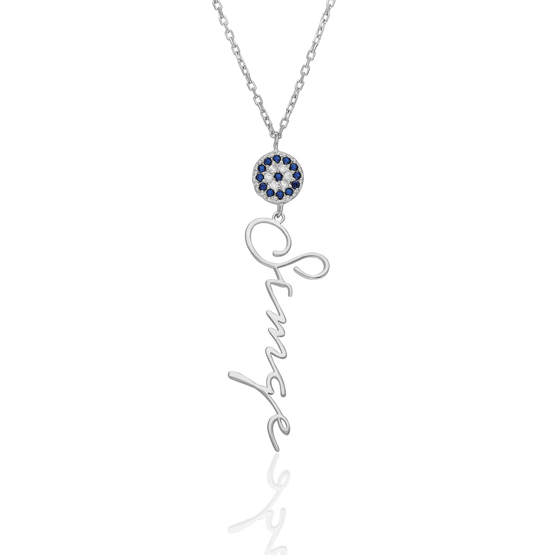 Vertical Name Necklace with Evil Eye Bead - 925 Silver