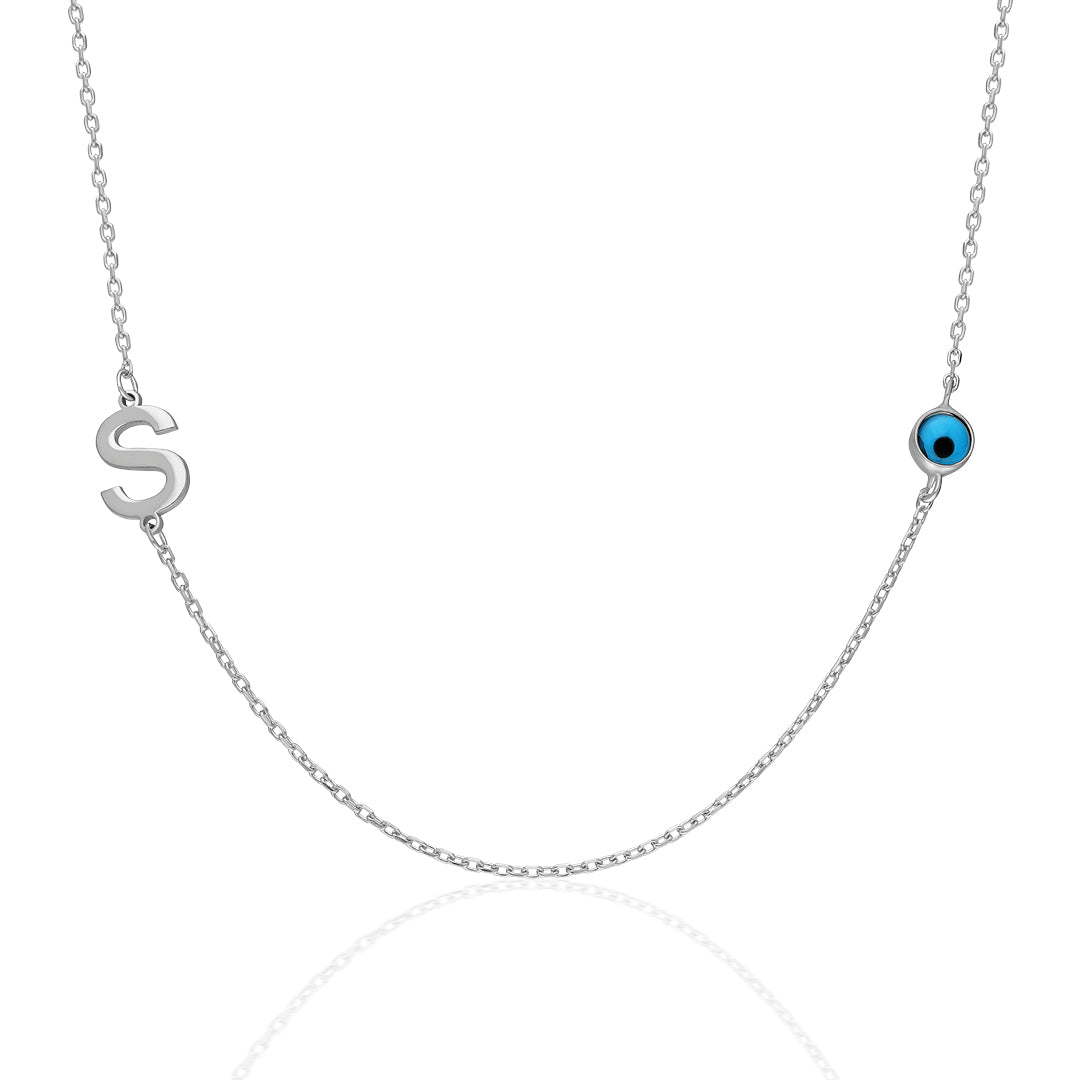 Evil Eye Side Letter Necklace - 925 SILVER
