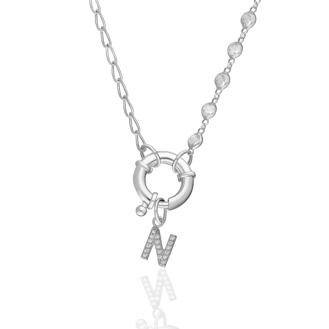 Sailor Locked Initial Necklace with Row Stones - 925 SILVER