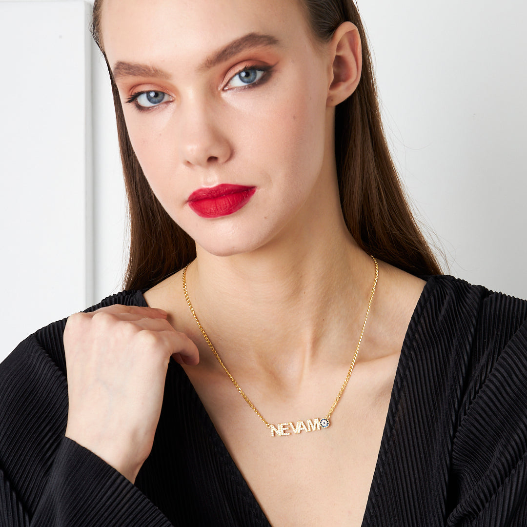 Evil Eye Stone Name Necklace with Letters - 925 Silver