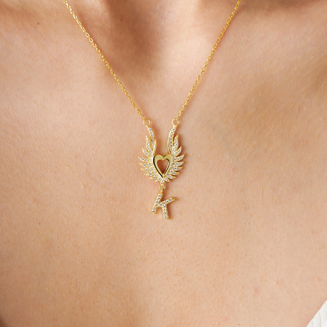 Large Winged Heart Necklace with Initials - 925 Silver