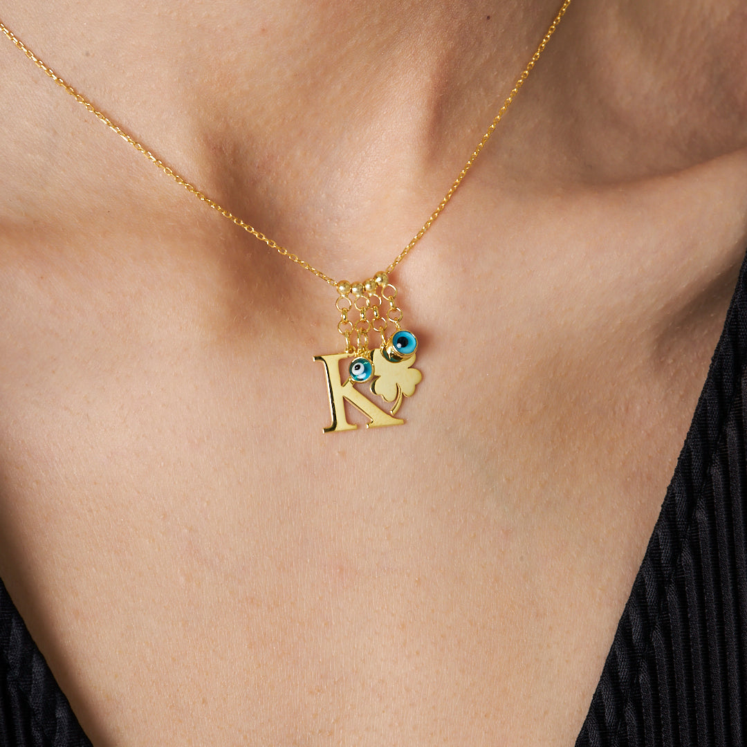 Evil Eye Clover Letter Necklace - 925 SILVER