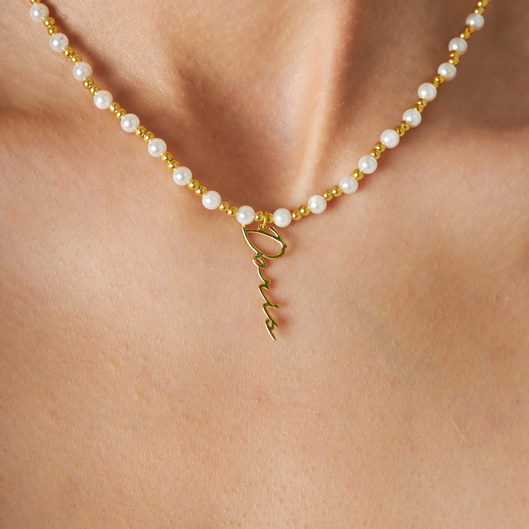 Pearl Detailed Name Necklace - 925 SILVER