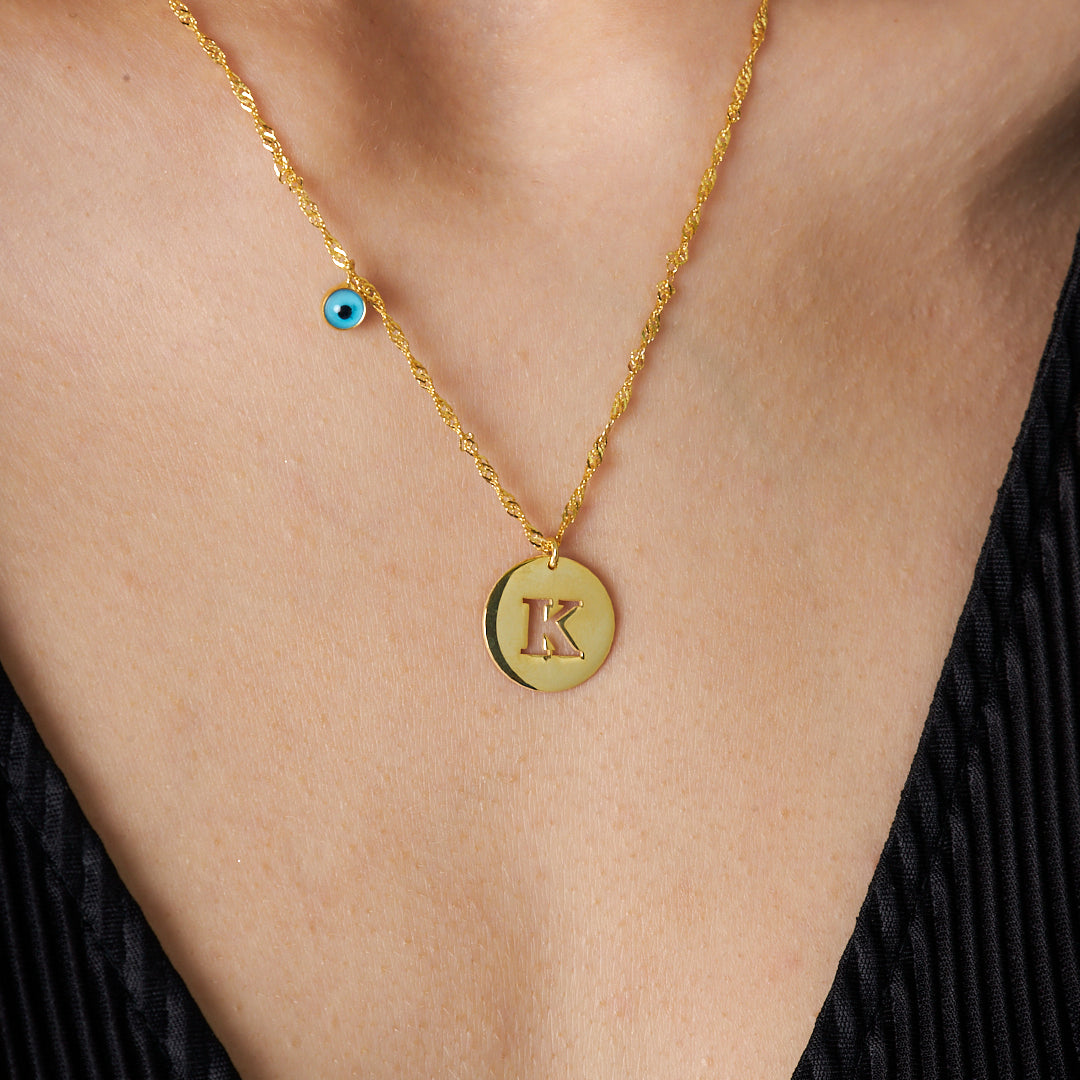 Evil Eye Letter Plate Necklace - 925 SILVER