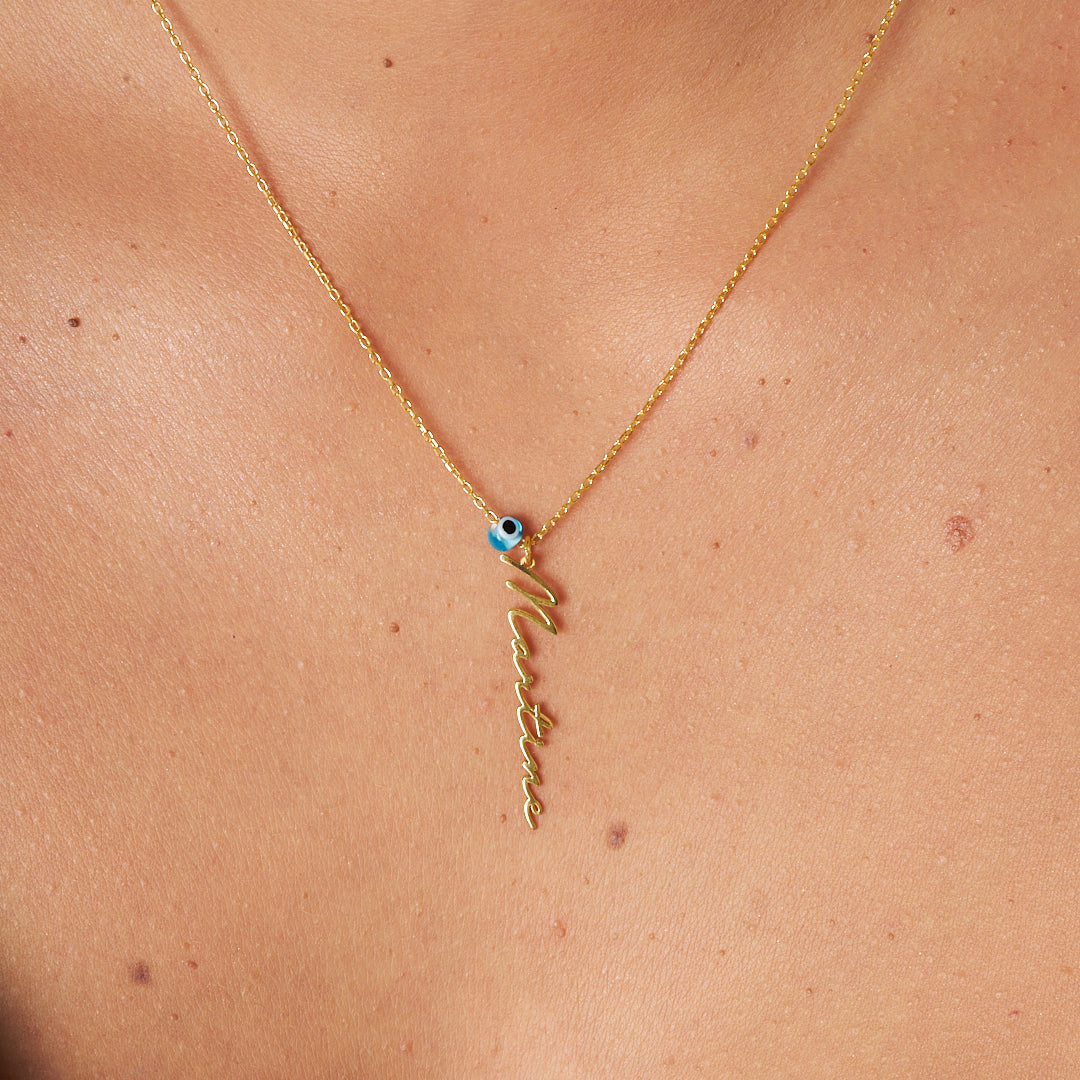 Evil Eye Vertical Written Name Necklace - 925 SILVER