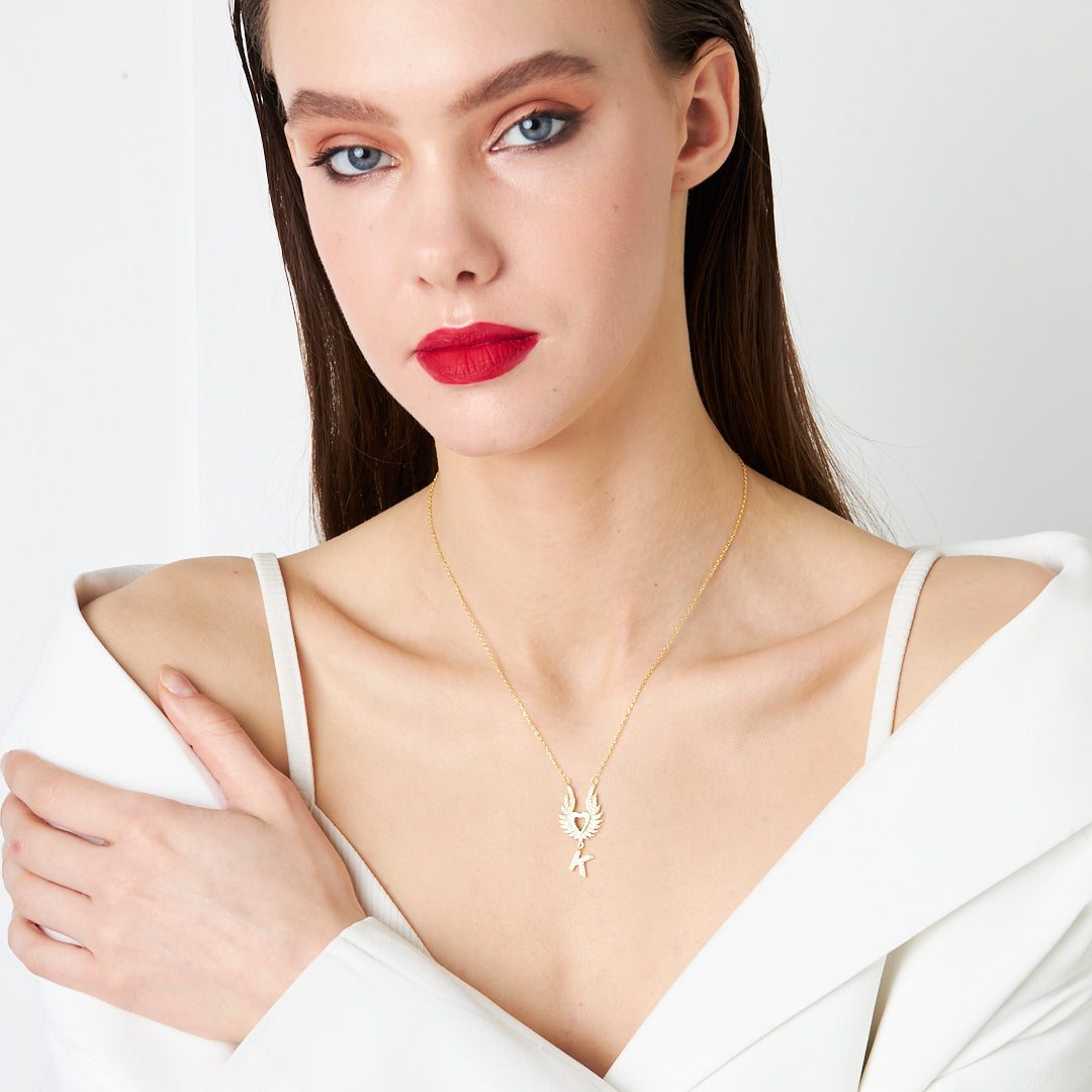 Large Winged Heart Necklace with Initials - 925 Silver