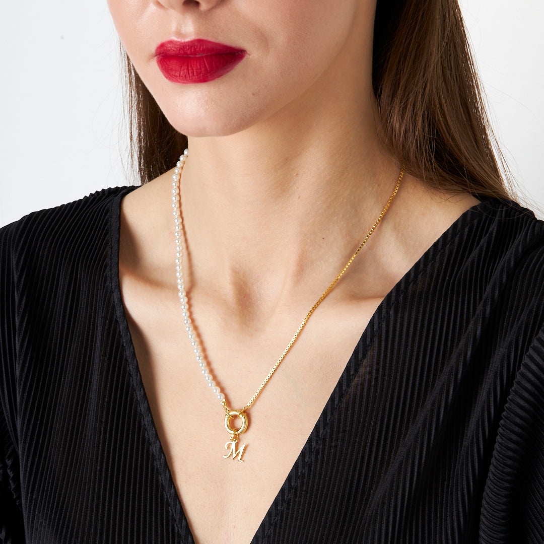 Letter Necklace with Chain and Pearl - 925 SILVER