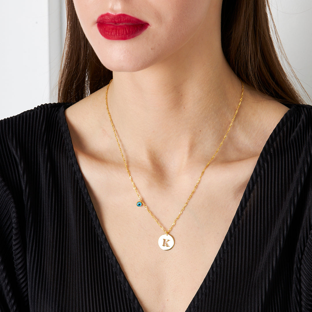 Evil Eye Letter Plate Necklace - 925 SILVER