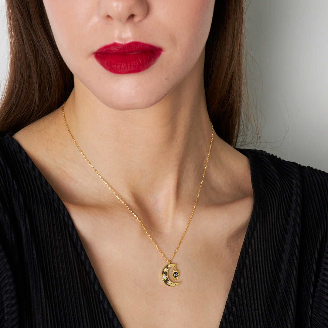 Crescent and Star Necklace with Initials - 925 Silver