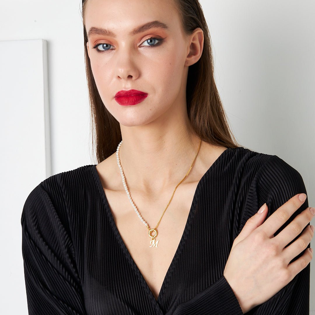 Letter Necklace with Chain and Pearl - 925 SILVER