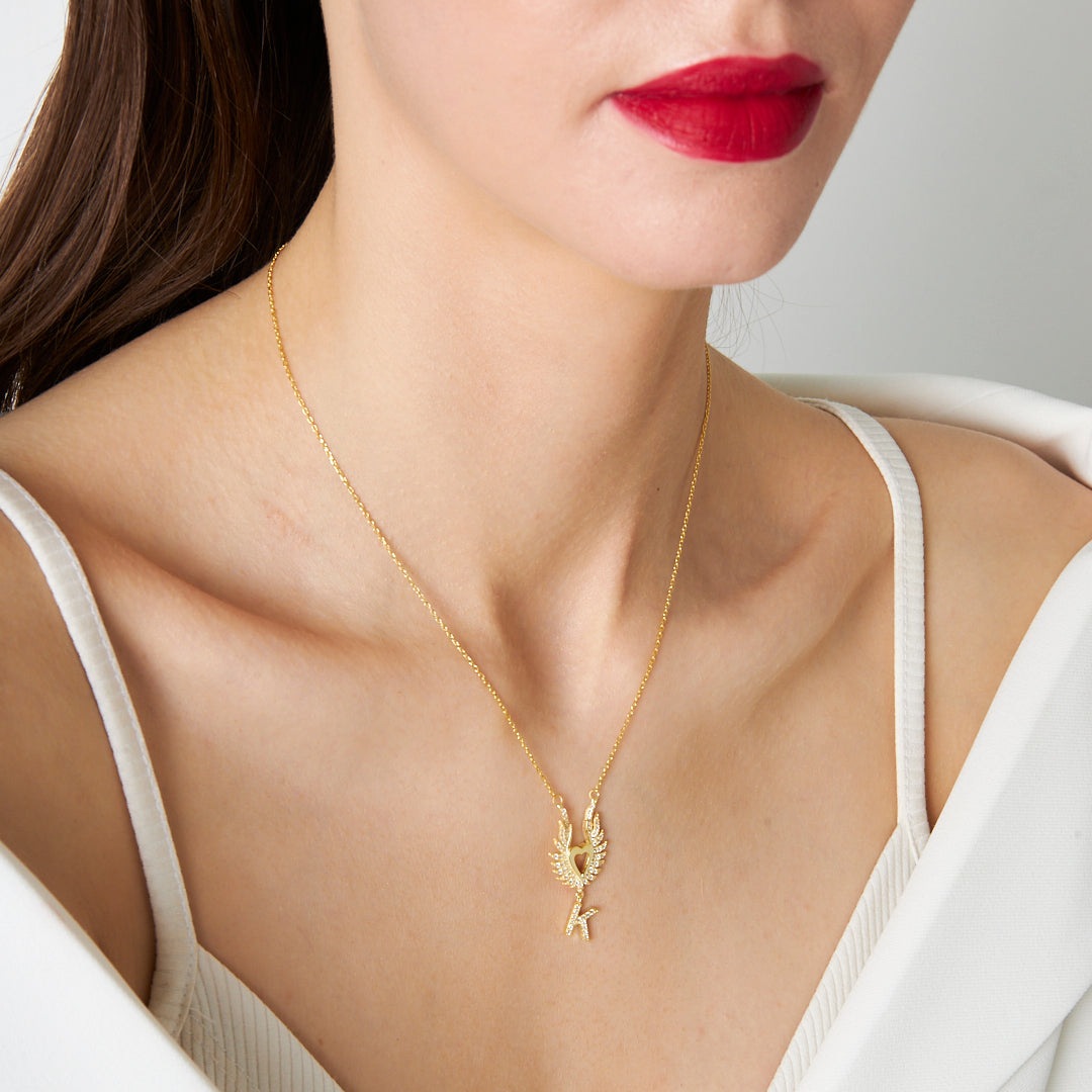 Large Winged Heart Necklace with Initials - 925 Silver