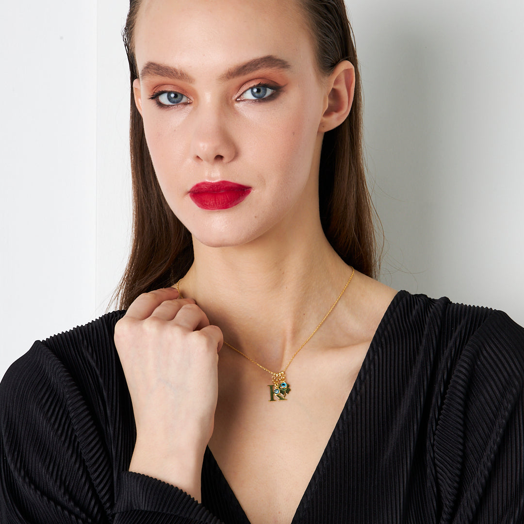 Evil Eye Clover Letter Necklace - 925 SILVER