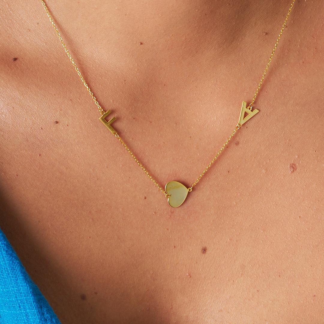 Name Necklace - Heart and Two Letter Necklace - 925 SILVER