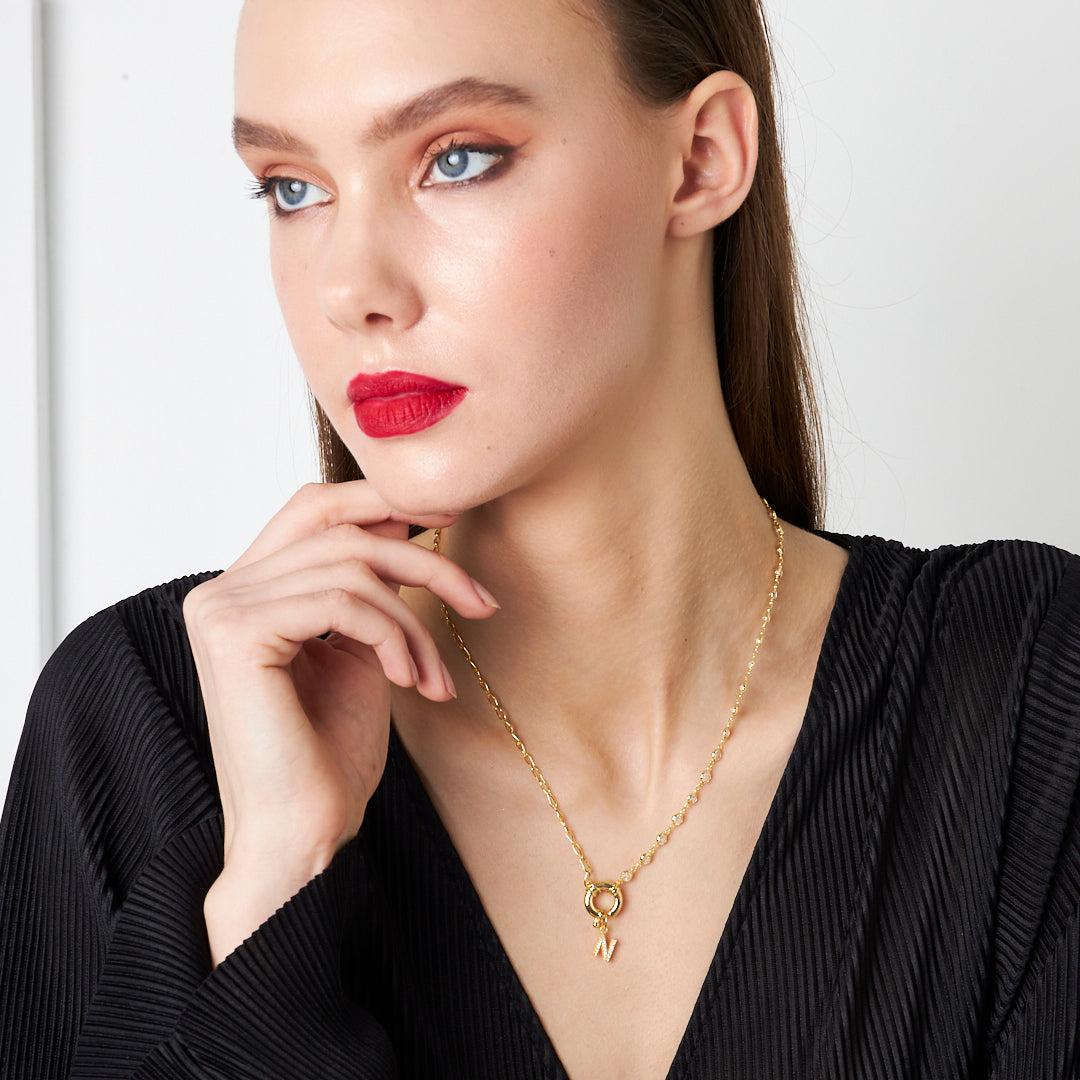 Sailor Locked Initial Necklace with Row Stones - 925 SILVER