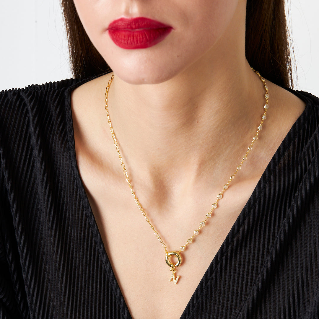 Sailor Locked Initial Necklace with Row Stones - 925 SILVER