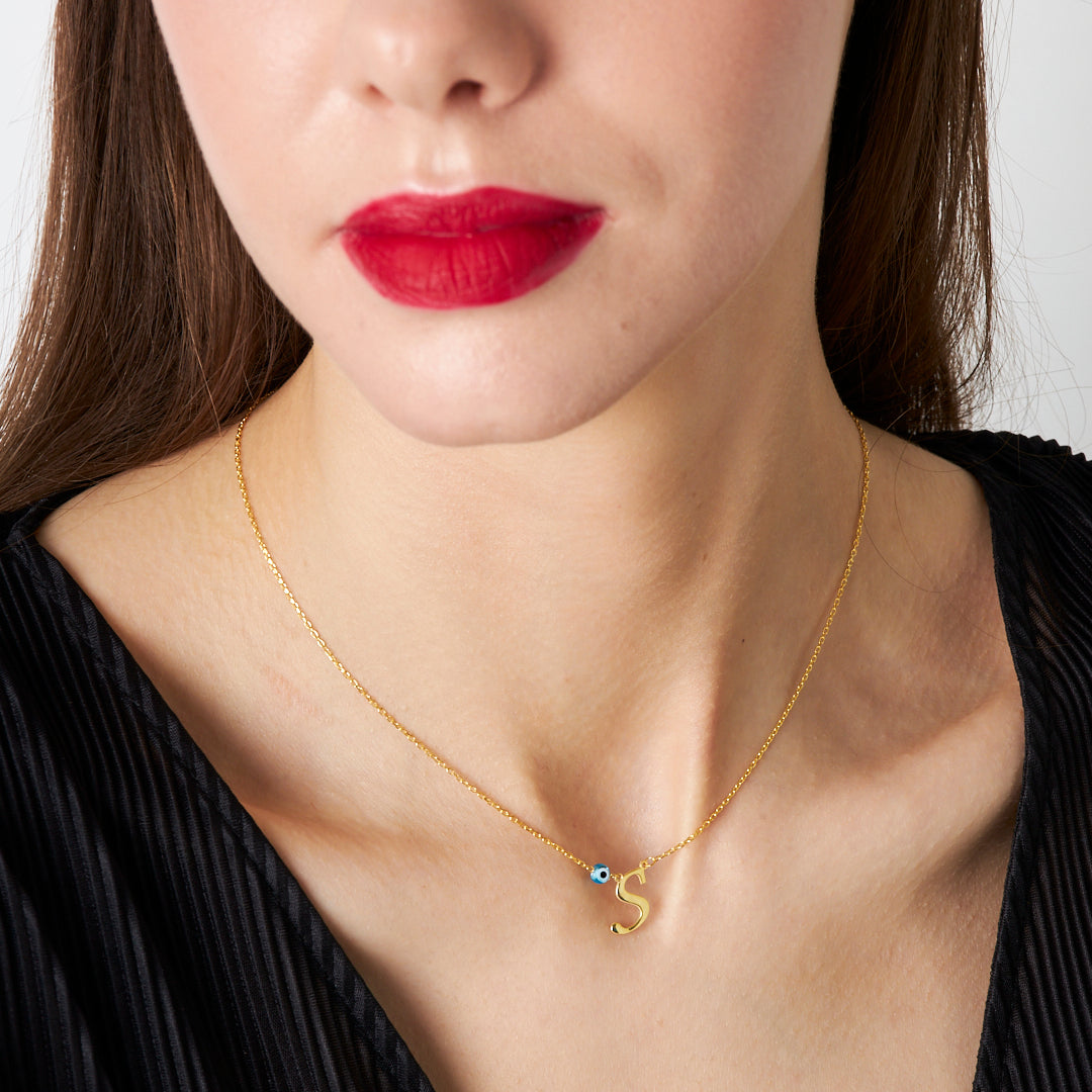 Evil Eye Thin Letter Necklace - 925 SILVER