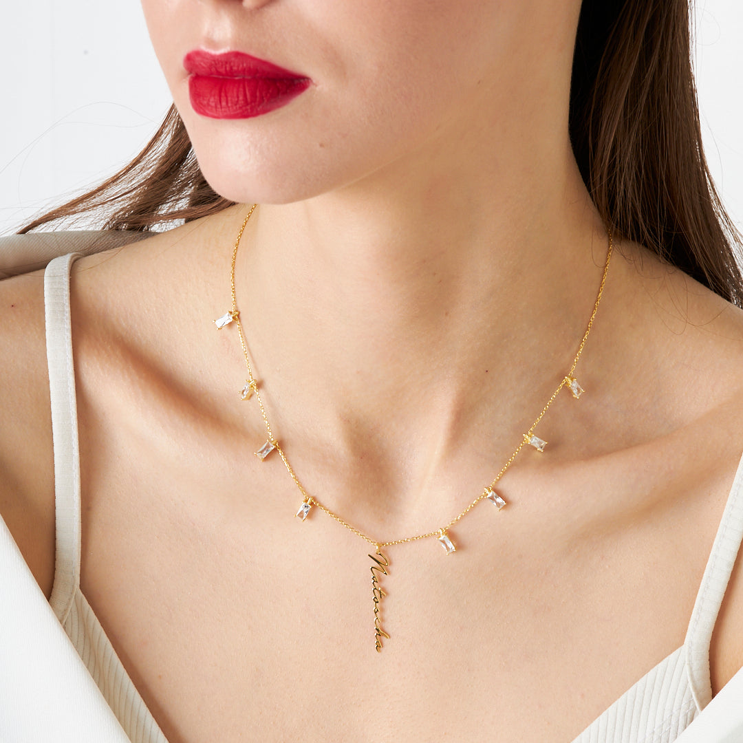 Baguette Stone Name Necklace - 925 Silver