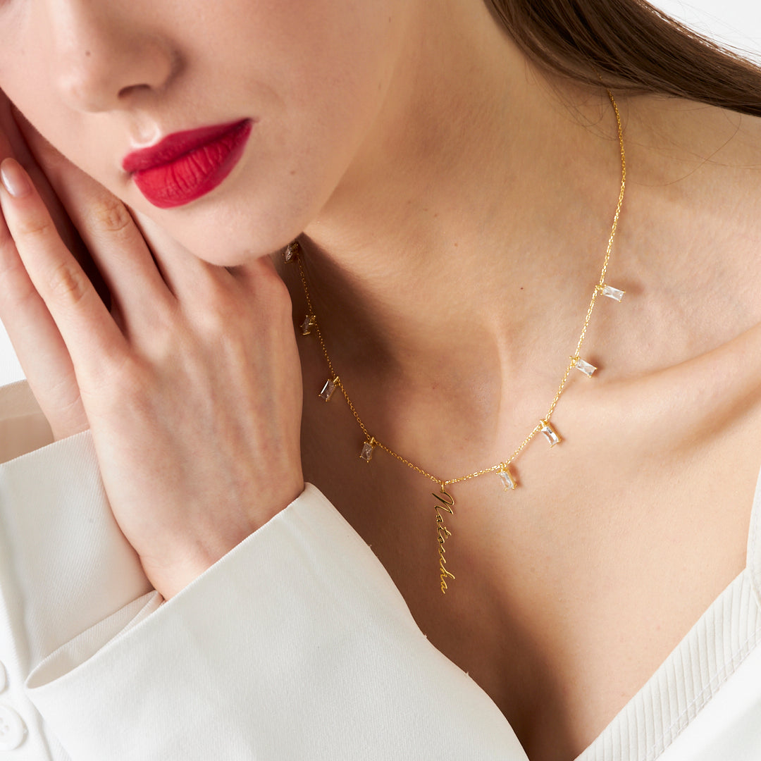 Baguette Stone Name Necklace - 925 Silver
