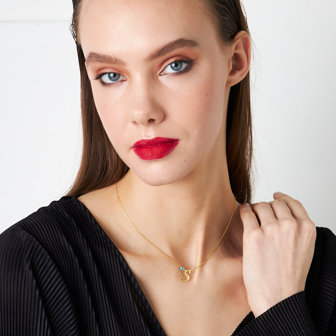 Evil Eye Thin Letter Necklace - 925 SILVER