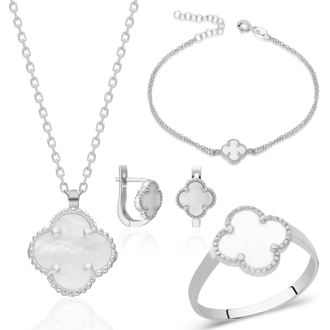 White Stone Clover Leaf Set - 925 SILVER