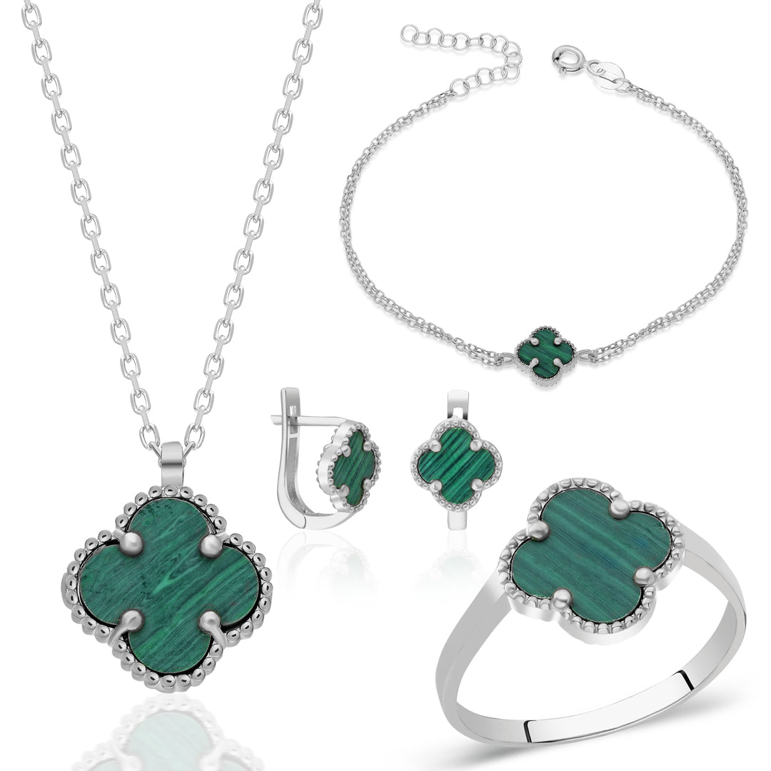 Green Stone Clover Leaf Set - 925 SILVER