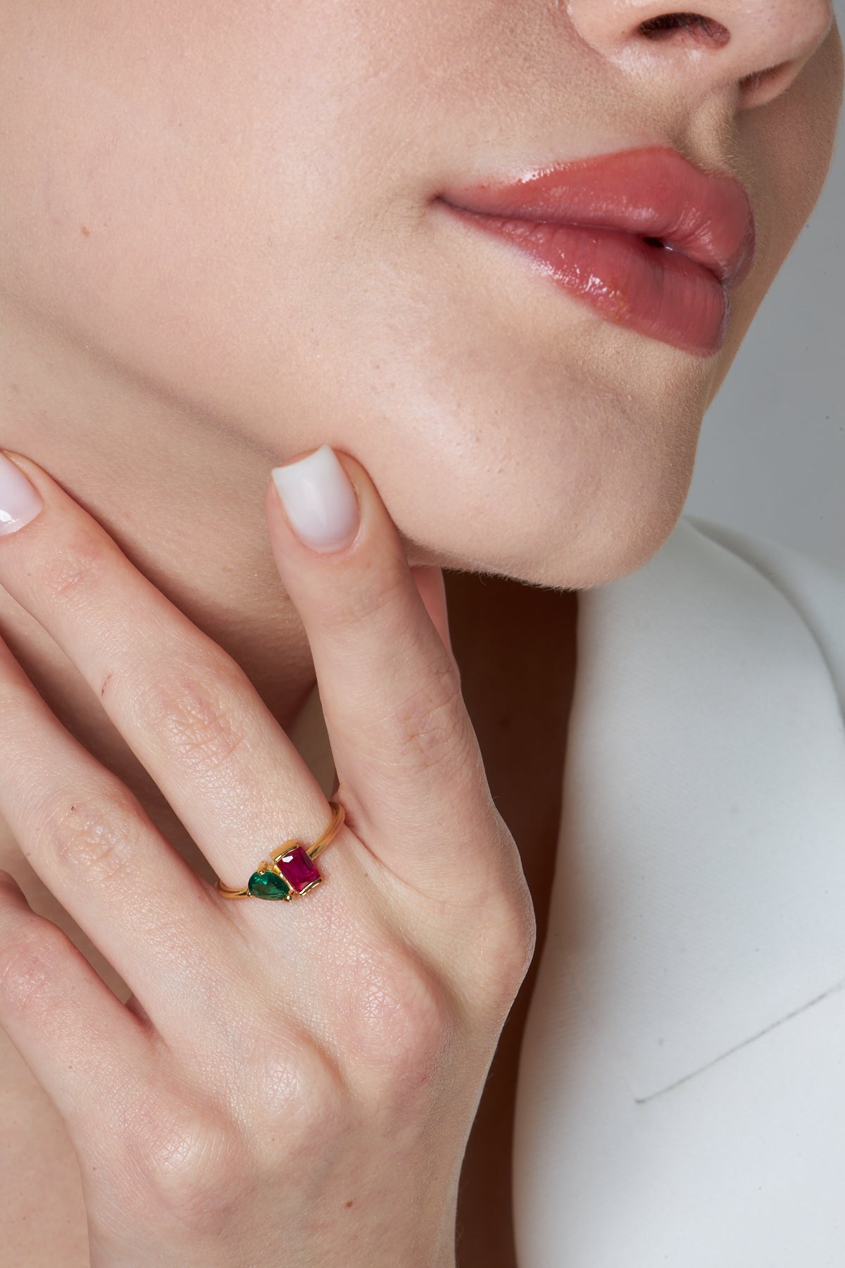 Baguette and Drop Ring with Colored Stones - 925 Silver