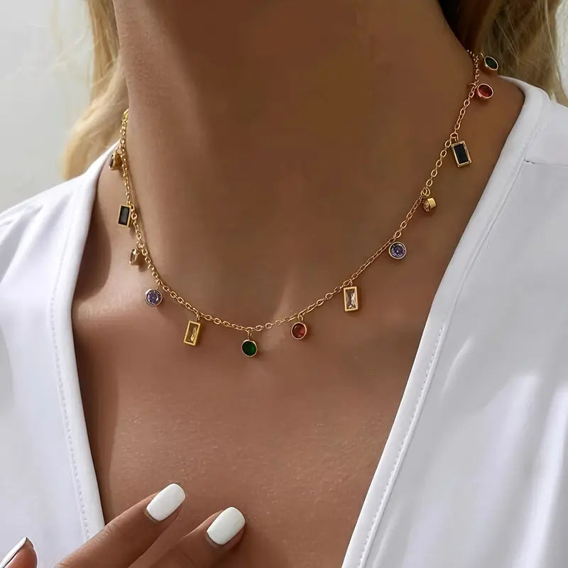 Colorful Stone Design Necklace - 925 SILVER