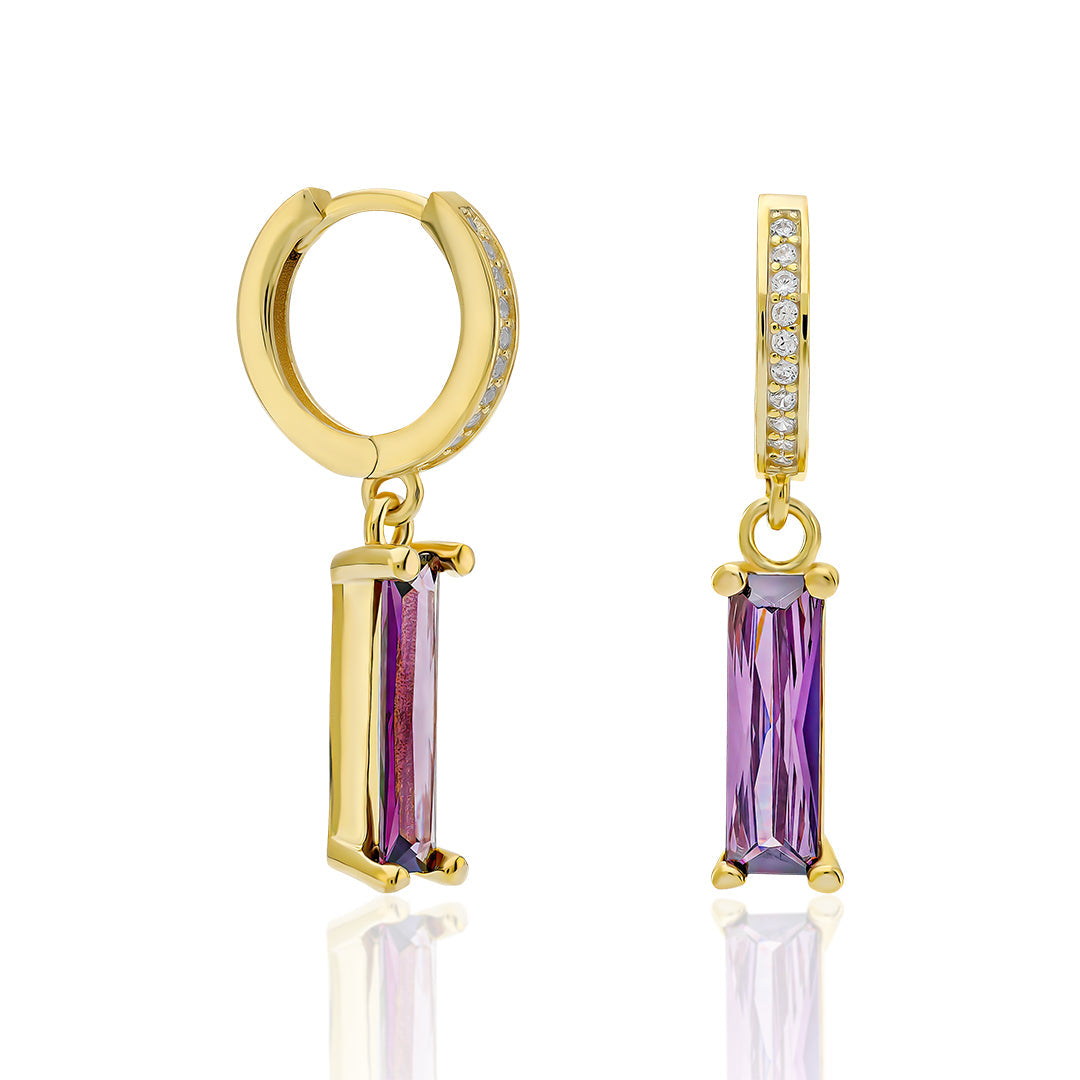 Baguette Earrings with Lilac Colored Stones - 925 SILVER