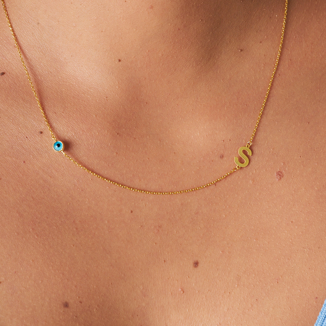 Evil Eye Side Letter Necklace - 925 SILVER