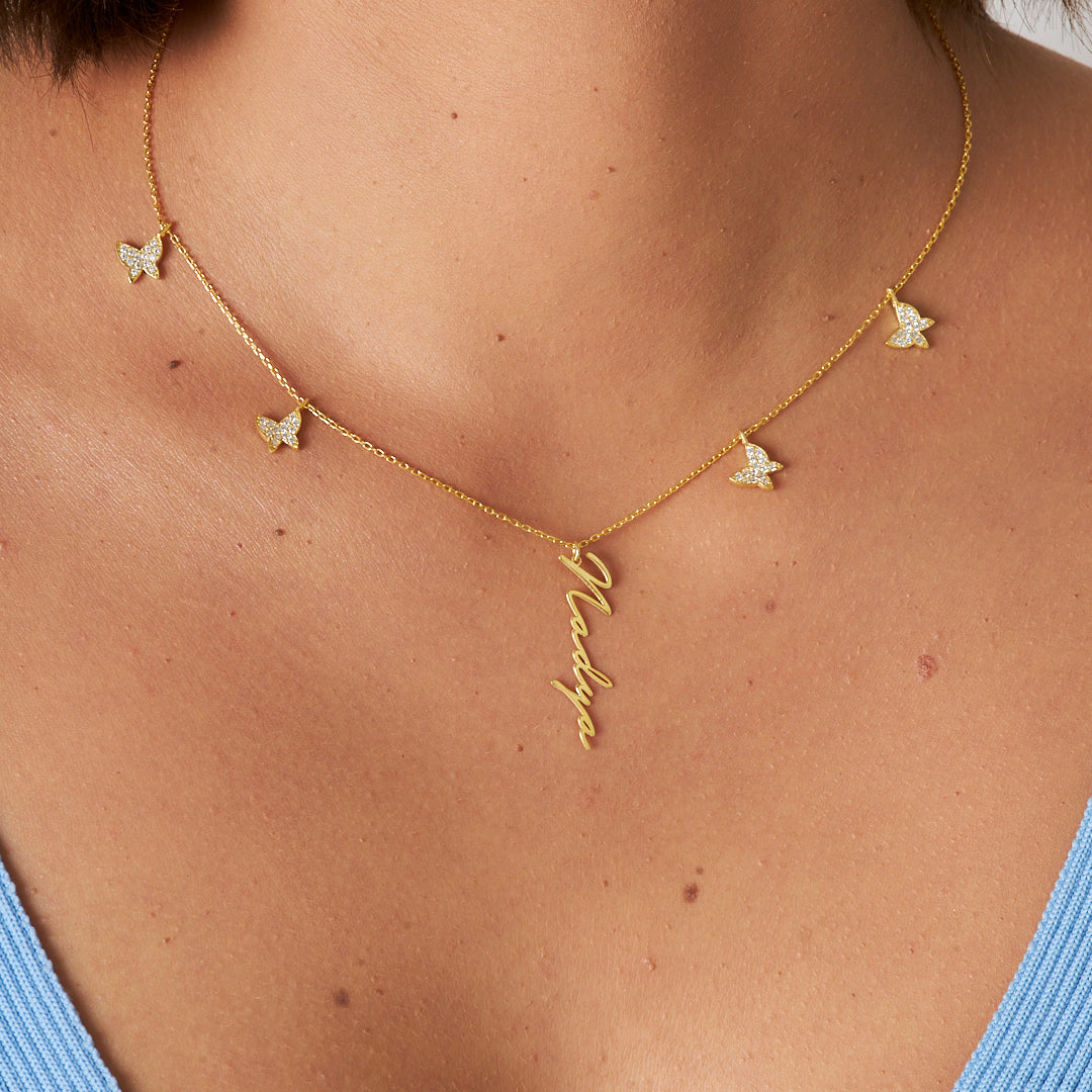 Butterfly Row Vertical Name Necklace - 925 Silver
