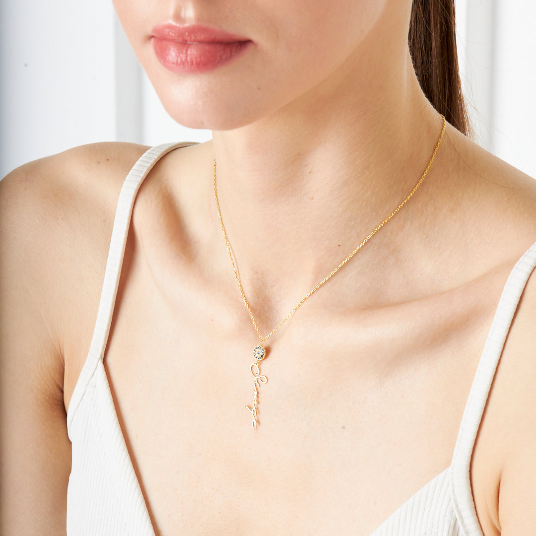 Vertical Name Necklace with Evil Eye Bead - 925 Silver