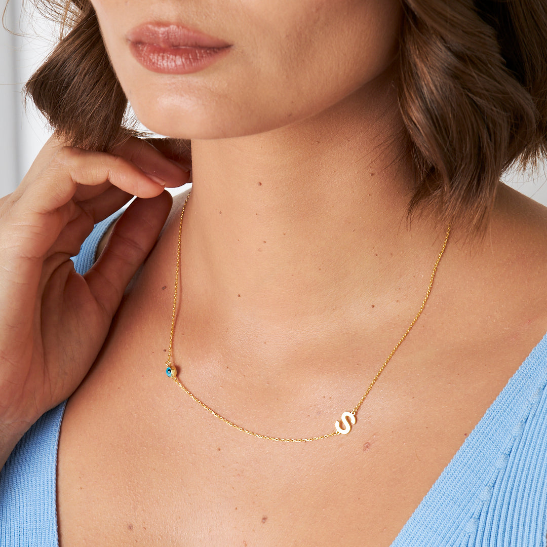 Evil Eye Side Letter Necklace - 925 SILVER
