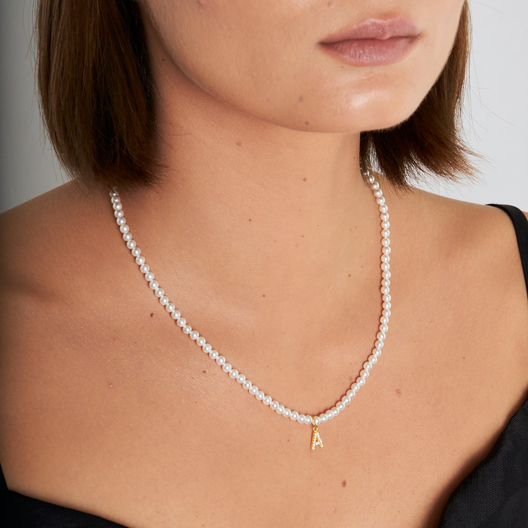 Pearl and Stone Letter Necklace - 925 SILVER