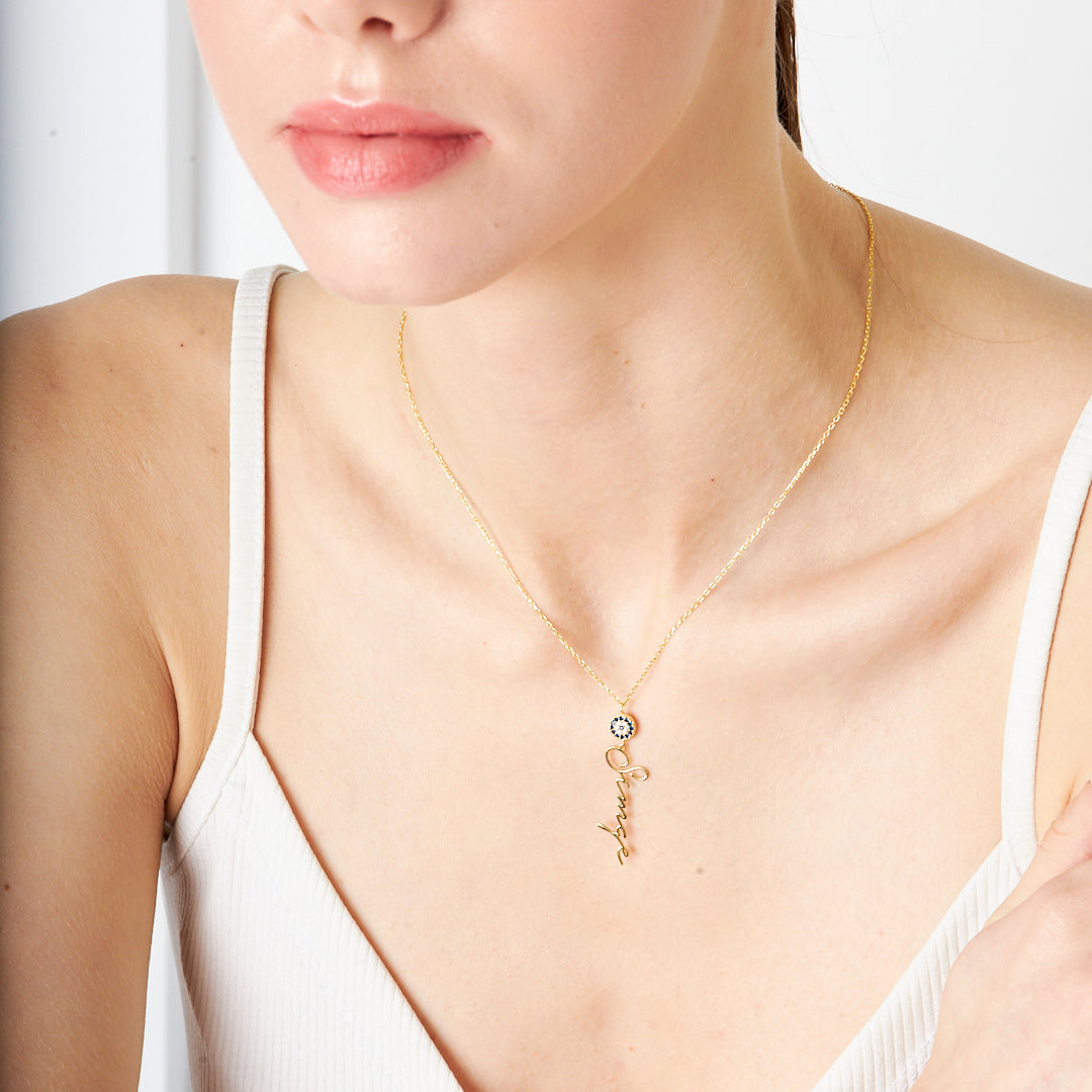 Vertical Name Necklace with Evil Eye Bead - 925 Silver