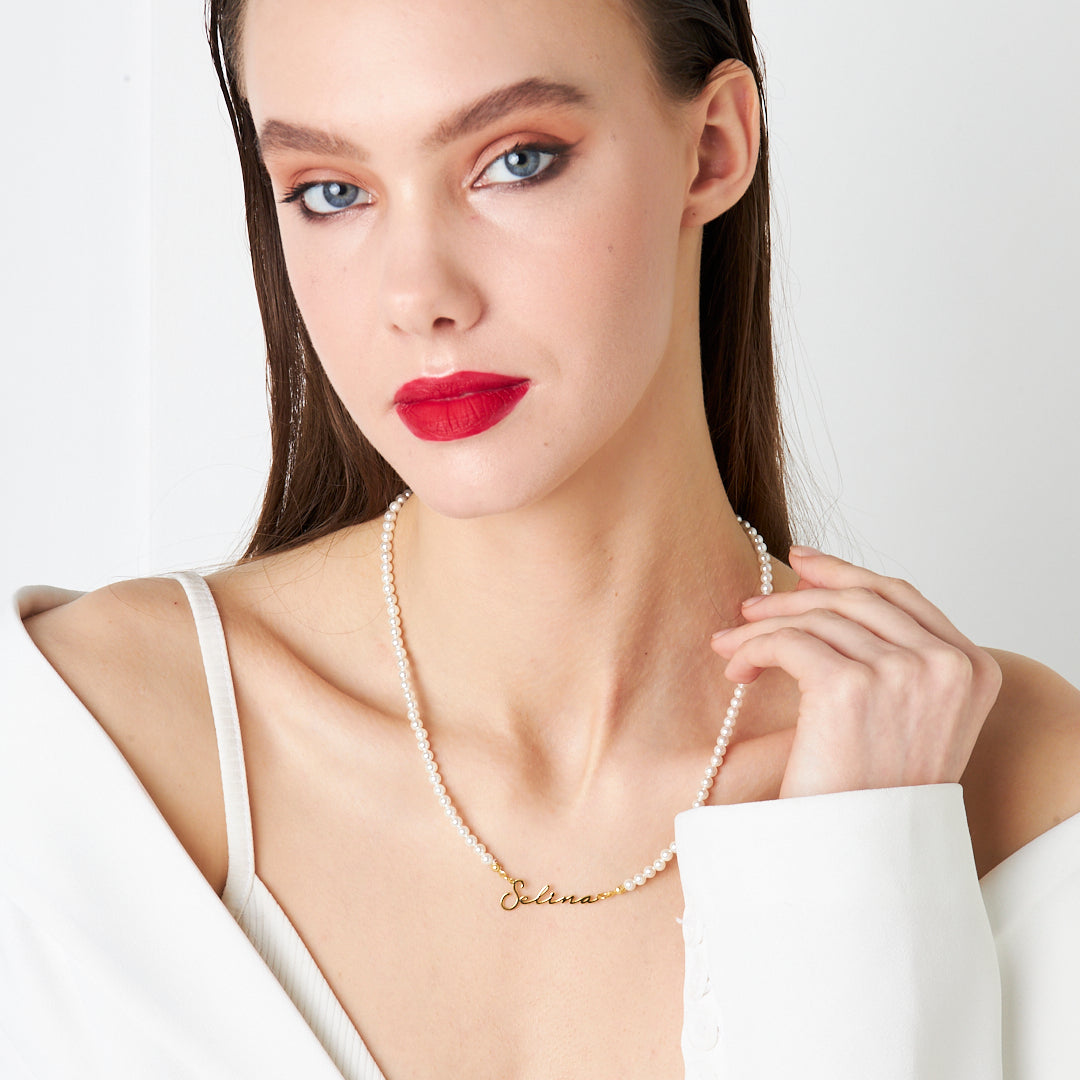 Pearl Beaded Name Necklace - 925 Silver