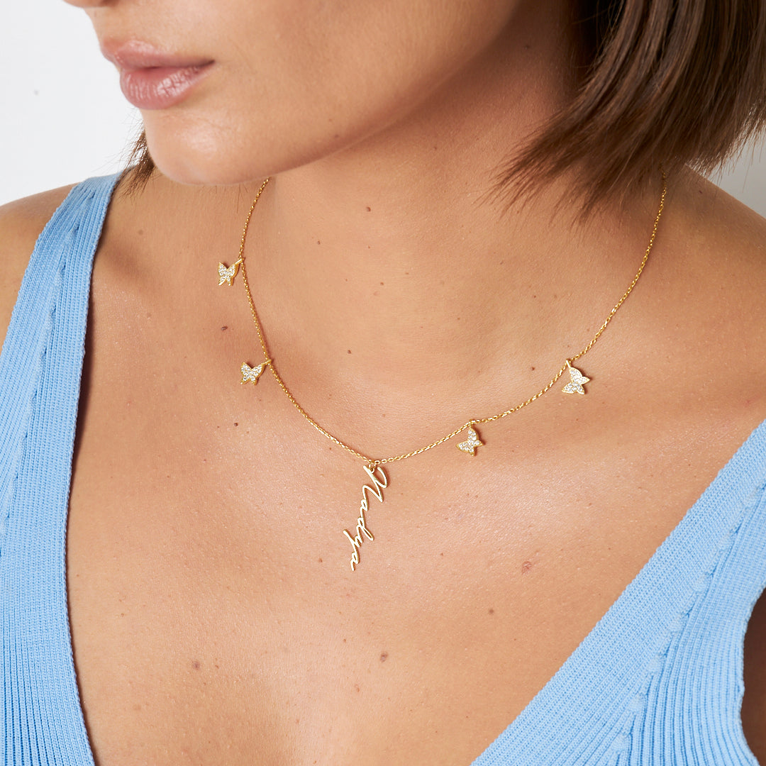 Butterfly Row Vertical Name Necklace - 925 Silver