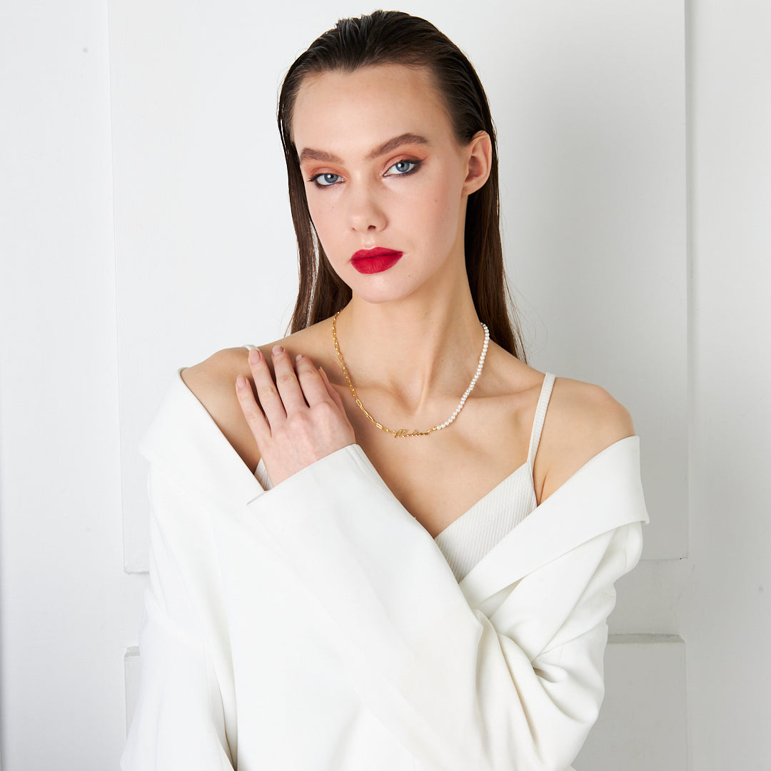 Half Pearl Handwritten Necklace - 925 Silver