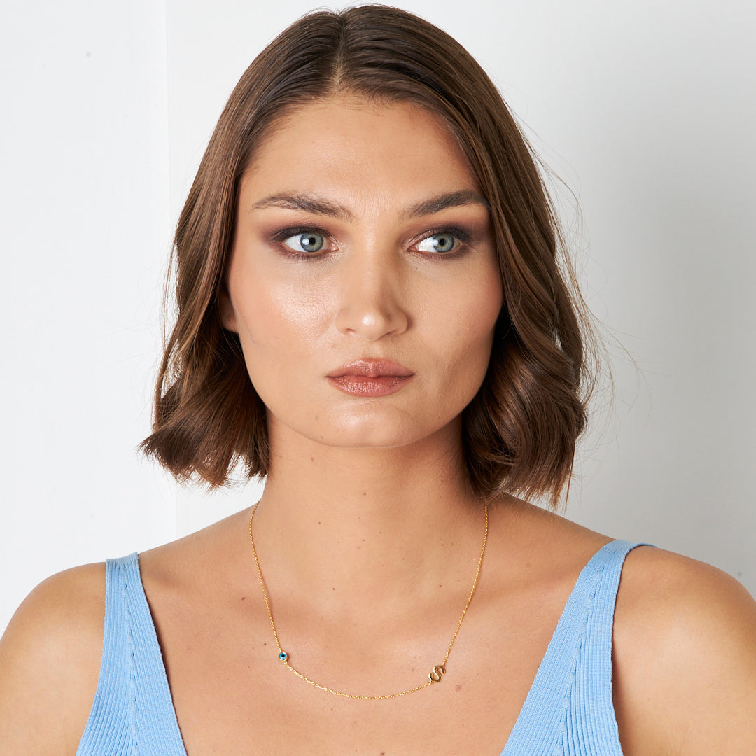 Evil Eye Side Letter Necklace - 925 SILVER